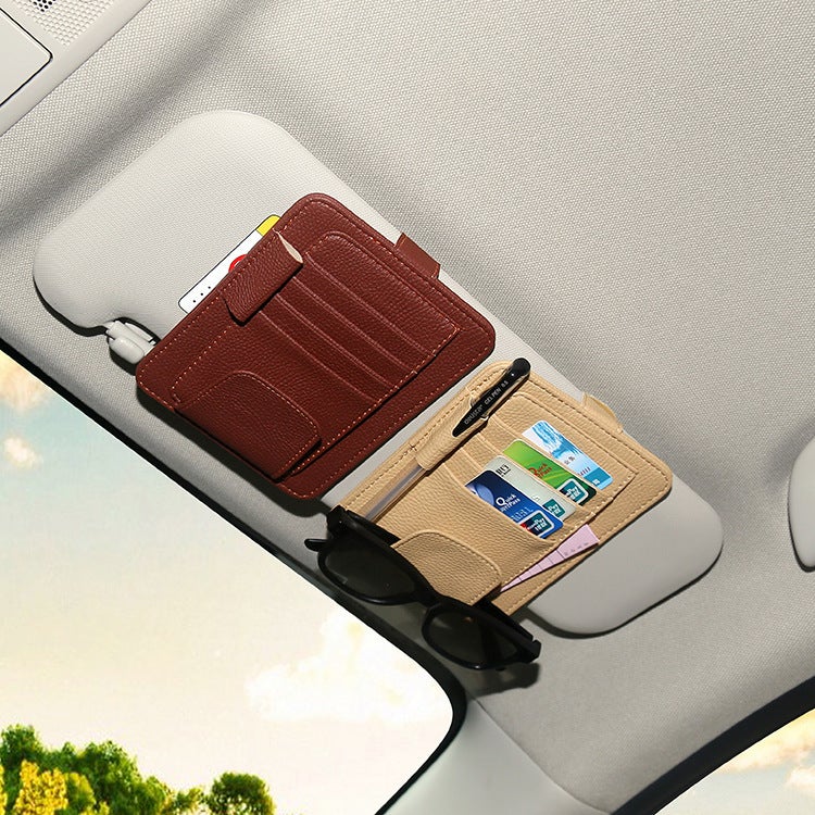 Car Sun Visor Bill Holder Car Multifunctional Microfiber Leather Card Holder Leather Pattern Glasses Holder Storage Clip Card Slot - Image 2